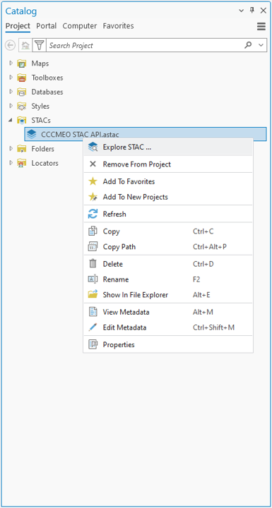 Explore STAC context menu